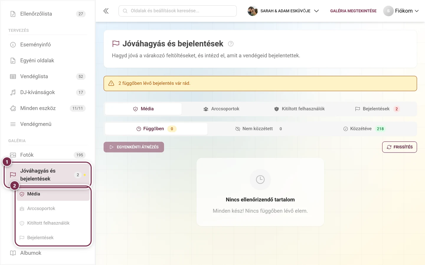 Az admin felület oldalsávja a kiemelt Jóváhagyás és bejelentések ponttal és az alpontjaival