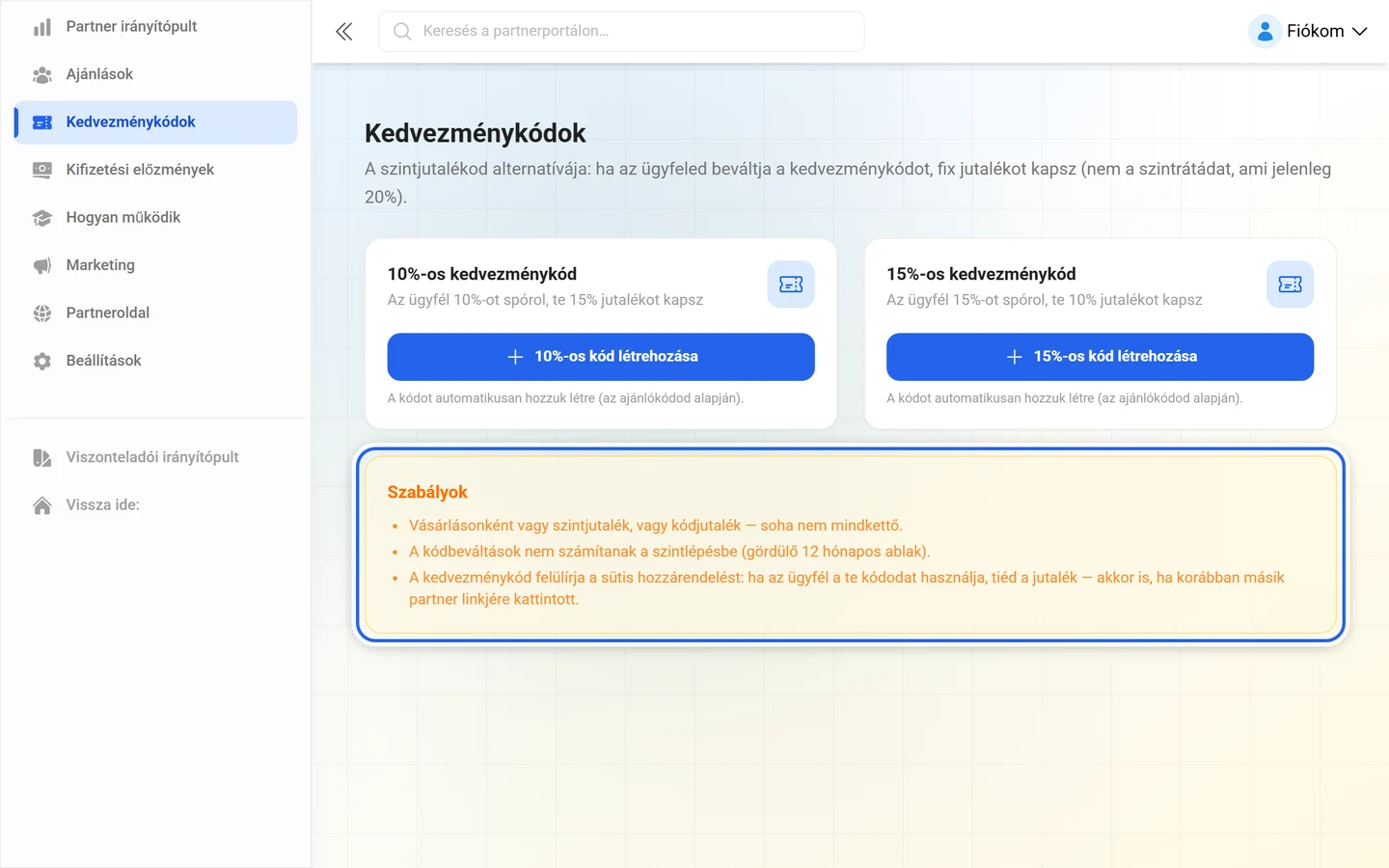 Kiemelt Szabályok doboz a kód- és szintjutalékra vonatkozó három szabállyal