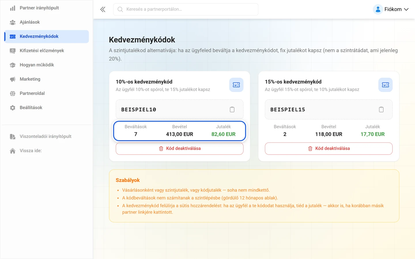 Kedvezménykód-kártya a partnerfelületen a beváltások, a bevétel és a jutalék számaival
