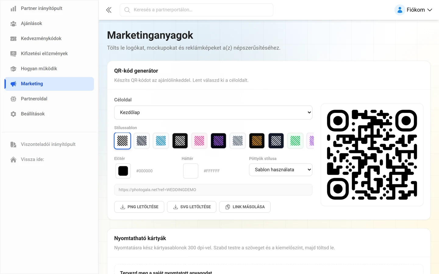 Marketinganyagok oldal a QR-kód generátorral és a nyomtatható kártyákkal
