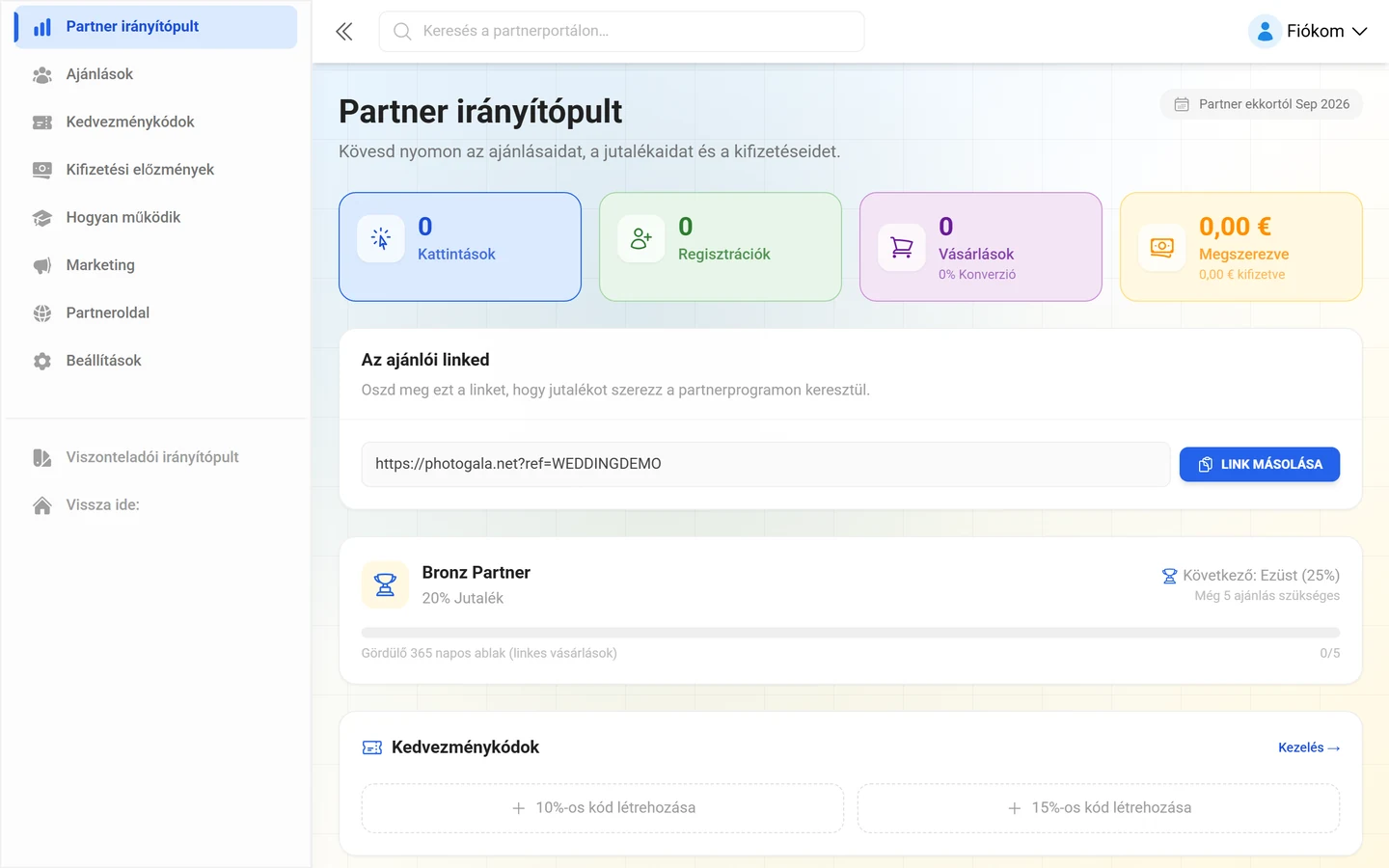 Affiliate irányítópult mutatókkal és ajánlólinkkel
