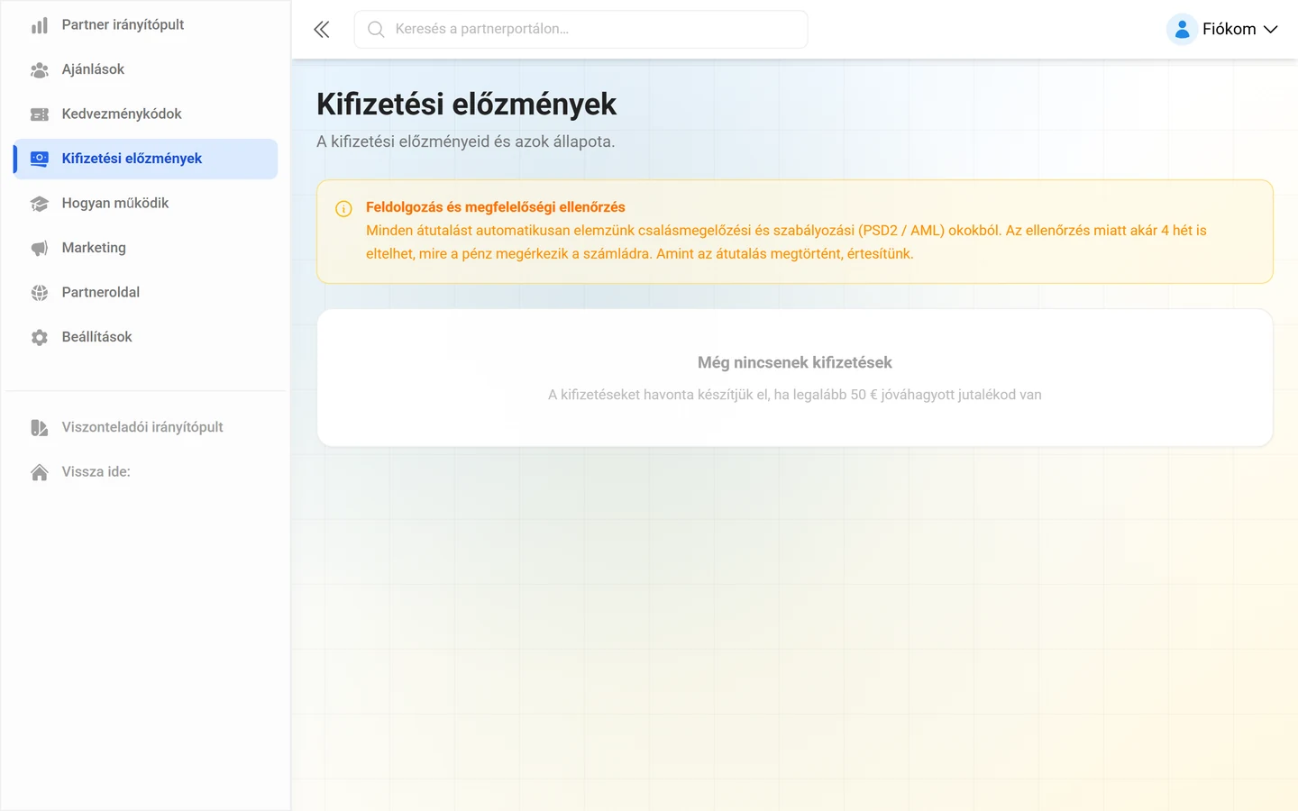 Kifizetési előzmények a partnerfelületen