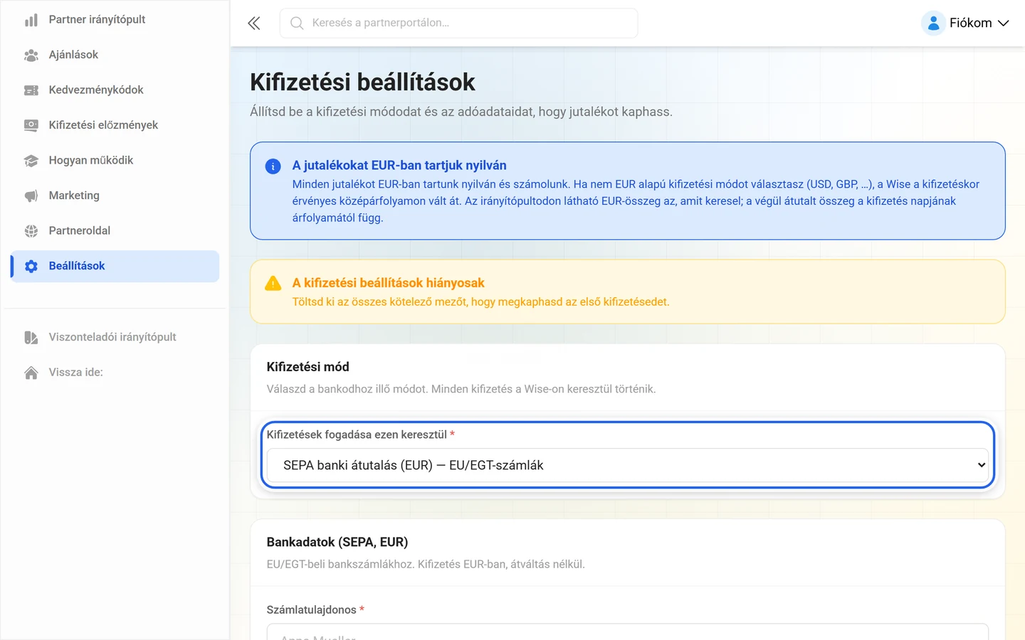 Kifizetési beállítások a Kifizetések fogadása ezen keresztül választóval kiemelve, a számlamezők elhomályosítva