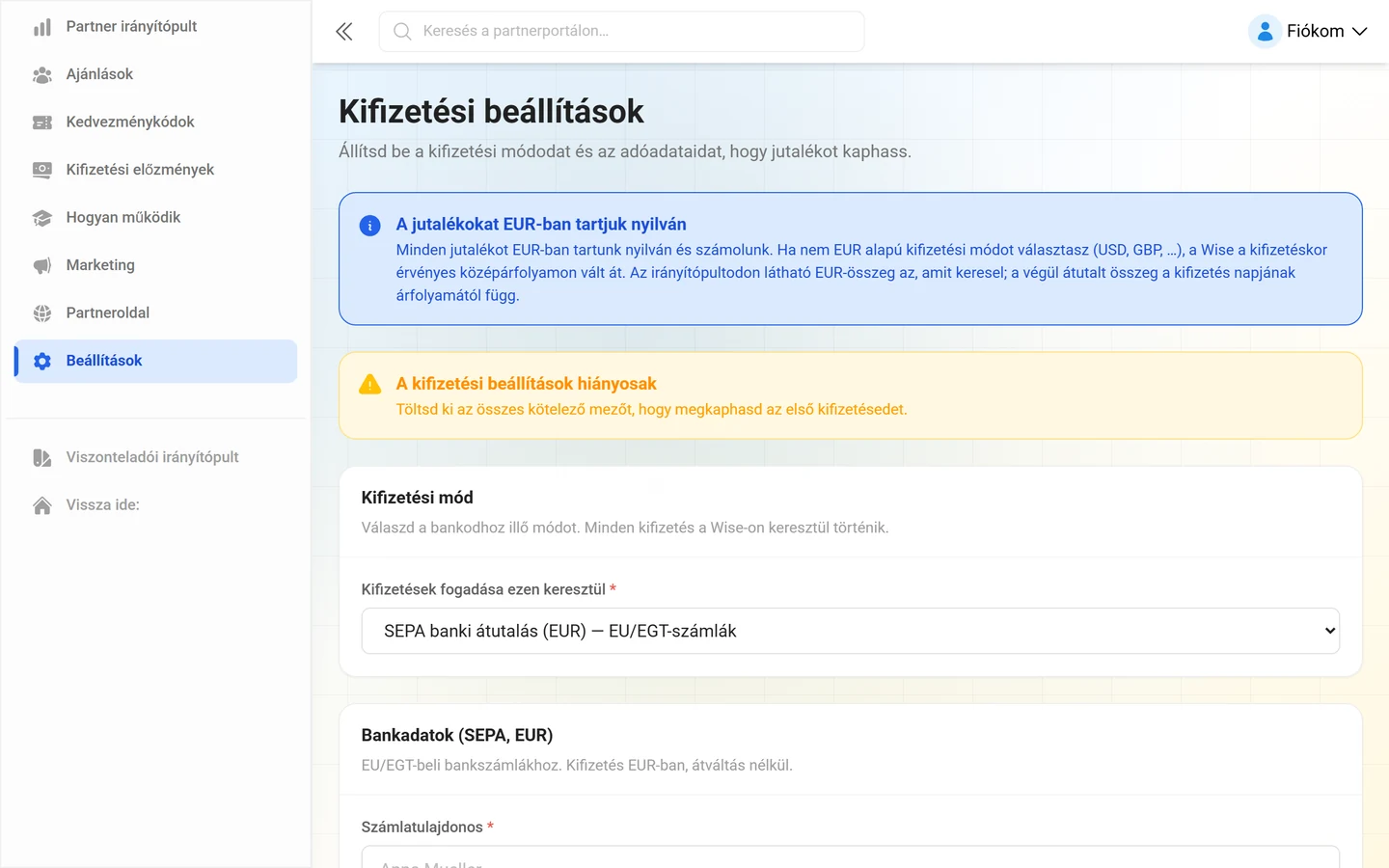 Kifizetési beállítások és adóadatok a partnerfelületen