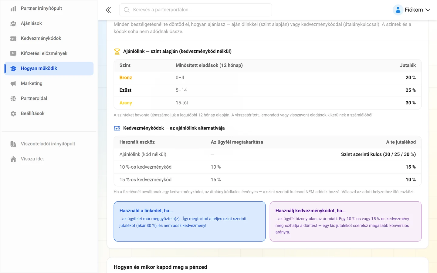 Szinttáblázat Bronz, Ezüst és Arany szintekkel, alatta a kedvezménykód-kulcsok táblázata