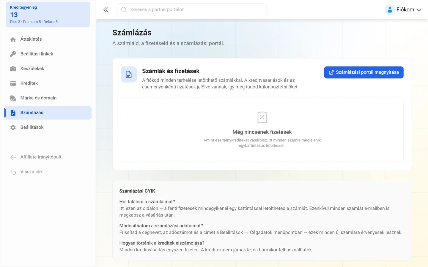 Számlázás oldal a Számlák és fizetések listával