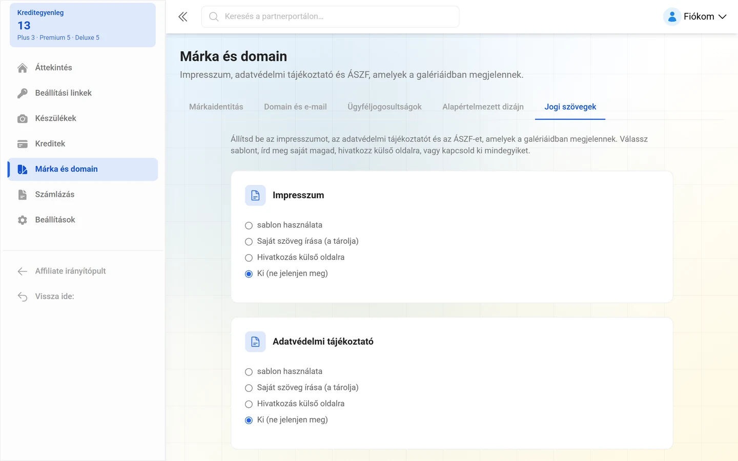 A márkakezelés Jogi dokumentumok füle