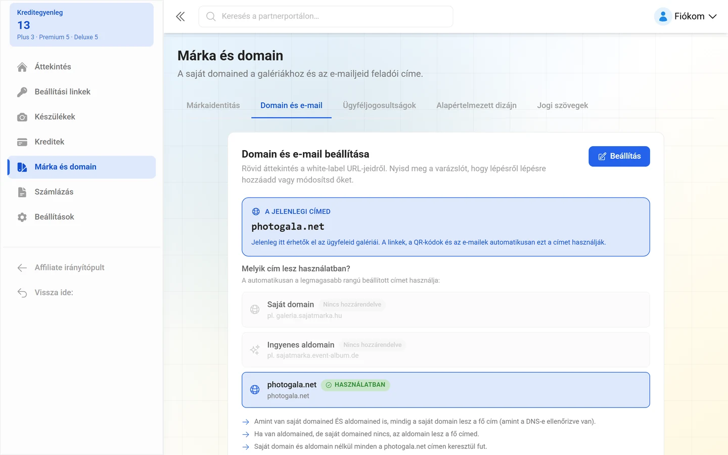 A márkakezelés Domain és e-mail füle