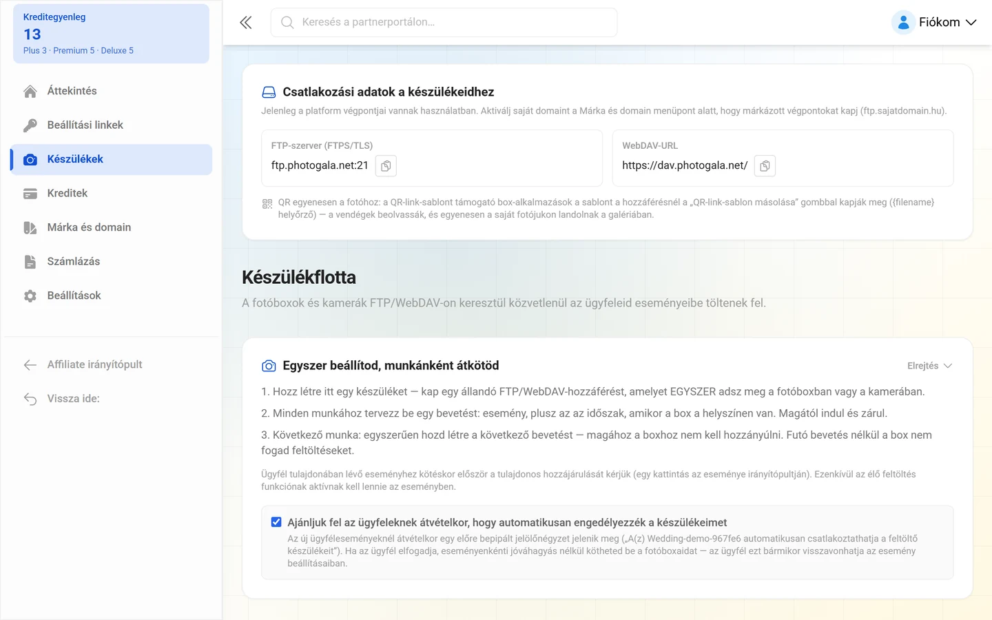 Kártya a saját márka FTP-szerverével és WebDAV-URL-jével