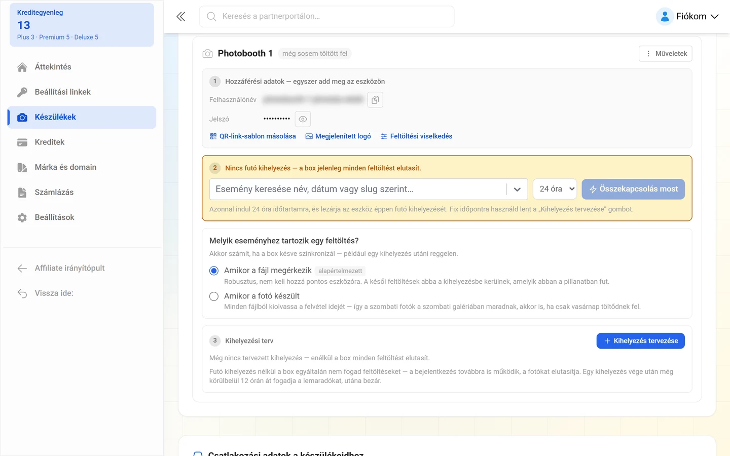 Eszközkártya a számozott Hozzáférési adatok, Kihelyezés és Kihelyezési terv szakaszokkal