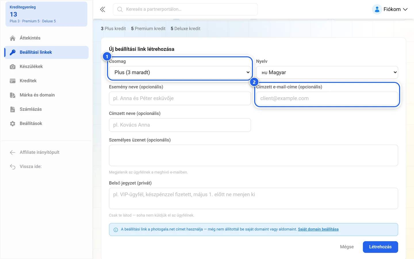 Új beállítási link létrehozása űrlap a kiemelt Csomag mezővel és a kiemelt Címzett e-mail-címe mezővel