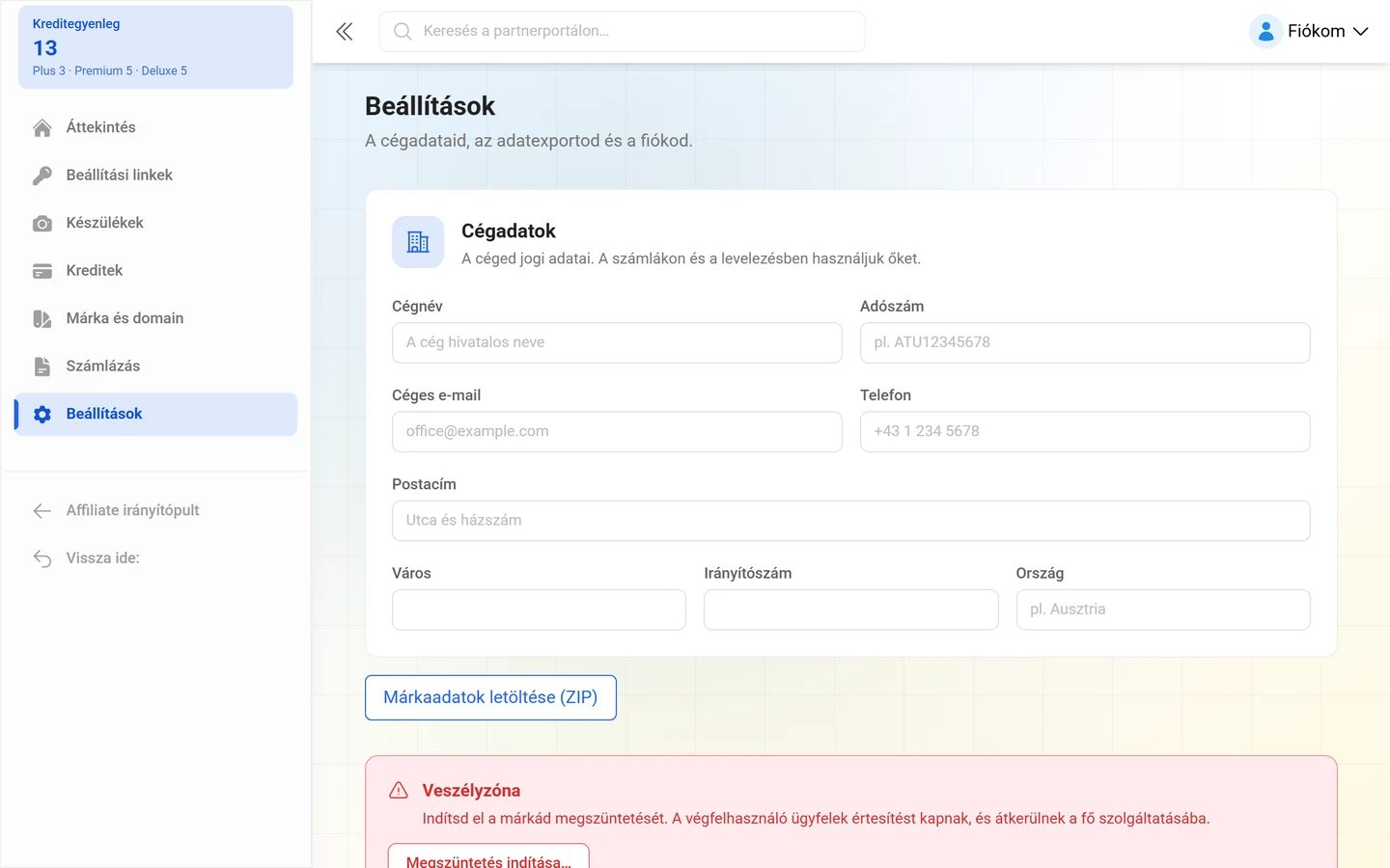 Beállítások oldal a Cégadatok űrlappal