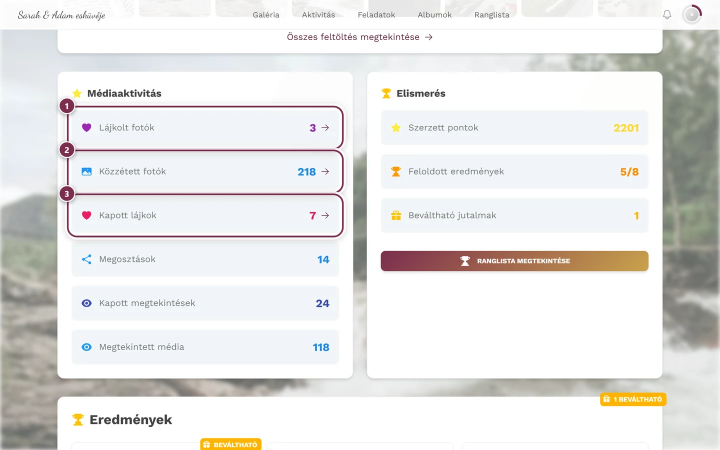 Statisztikakártyák három jelöléssel a médiaaktivitás kártyán