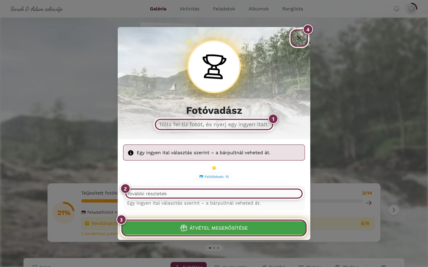 A jutalom részletes párbeszédablaka négy jelöléssel