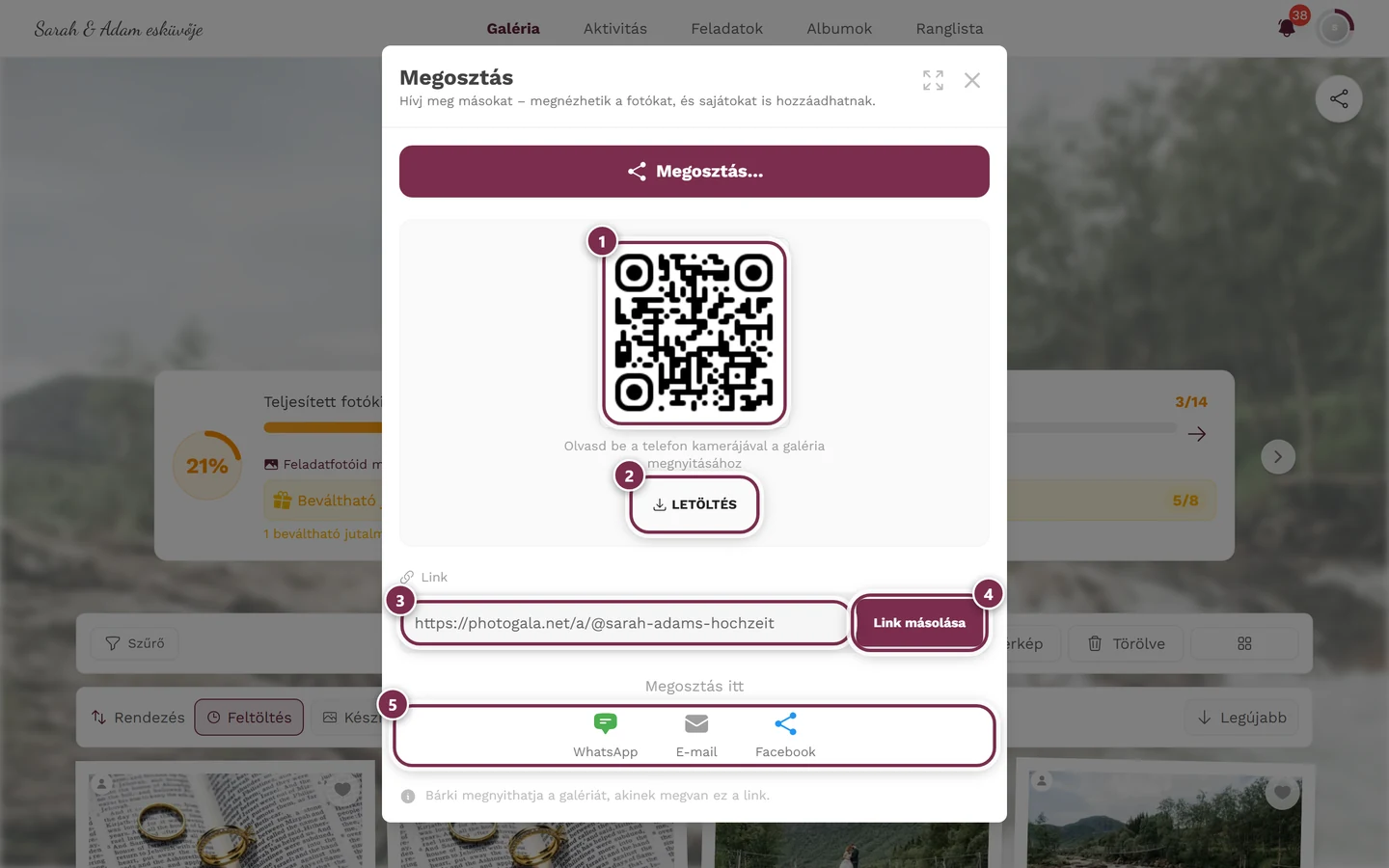 Megosztási párbeszédablak QR-kóddal, letöltés gombbal, link mezővel, link másolása gombbal és a közvetlen gombokkal