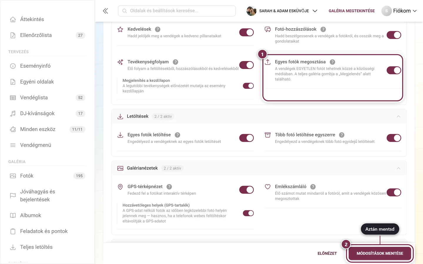 Galéria funkciói fül a kiemelt Egyes fotók megosztása kapcsolóval