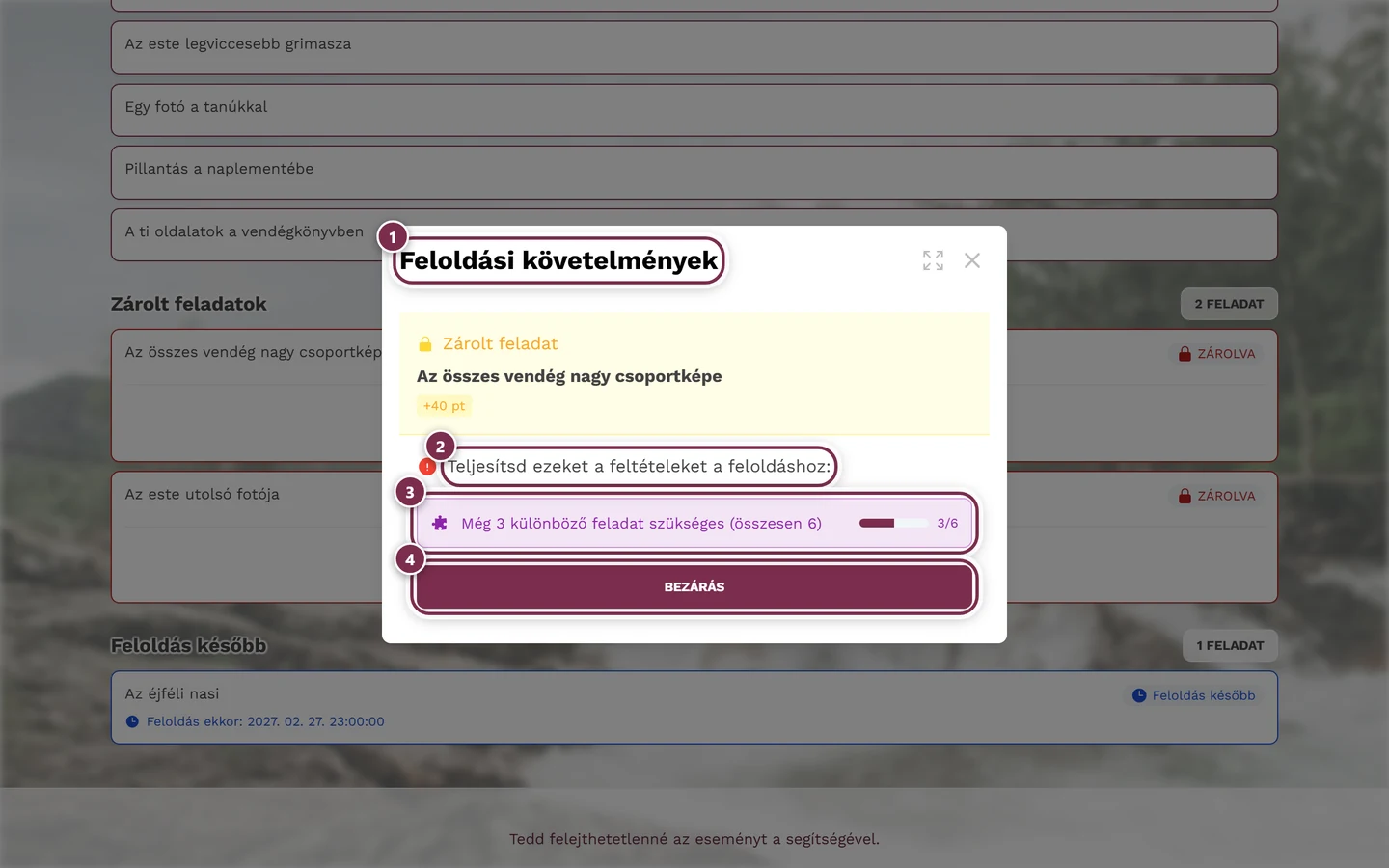 Feloldási feltételek párbeszédablak négy jelöléssel: cím, bevezető, első feltétel haladássávval, Bezárás gomb
