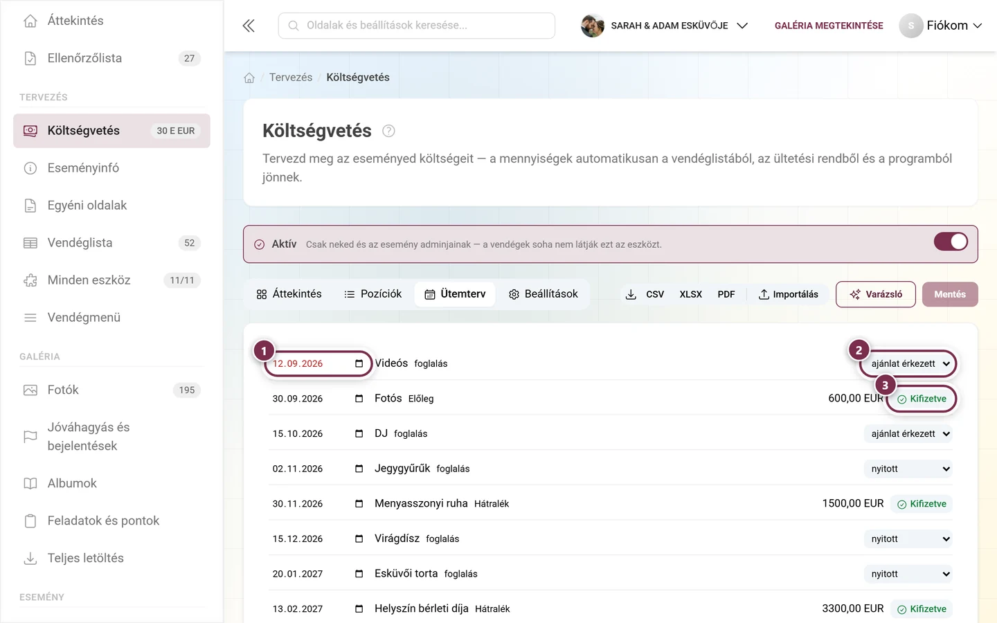 Ütemterv a határidővel, egy foglalás állapotával és a Kifizetve gombbal egy részletnél