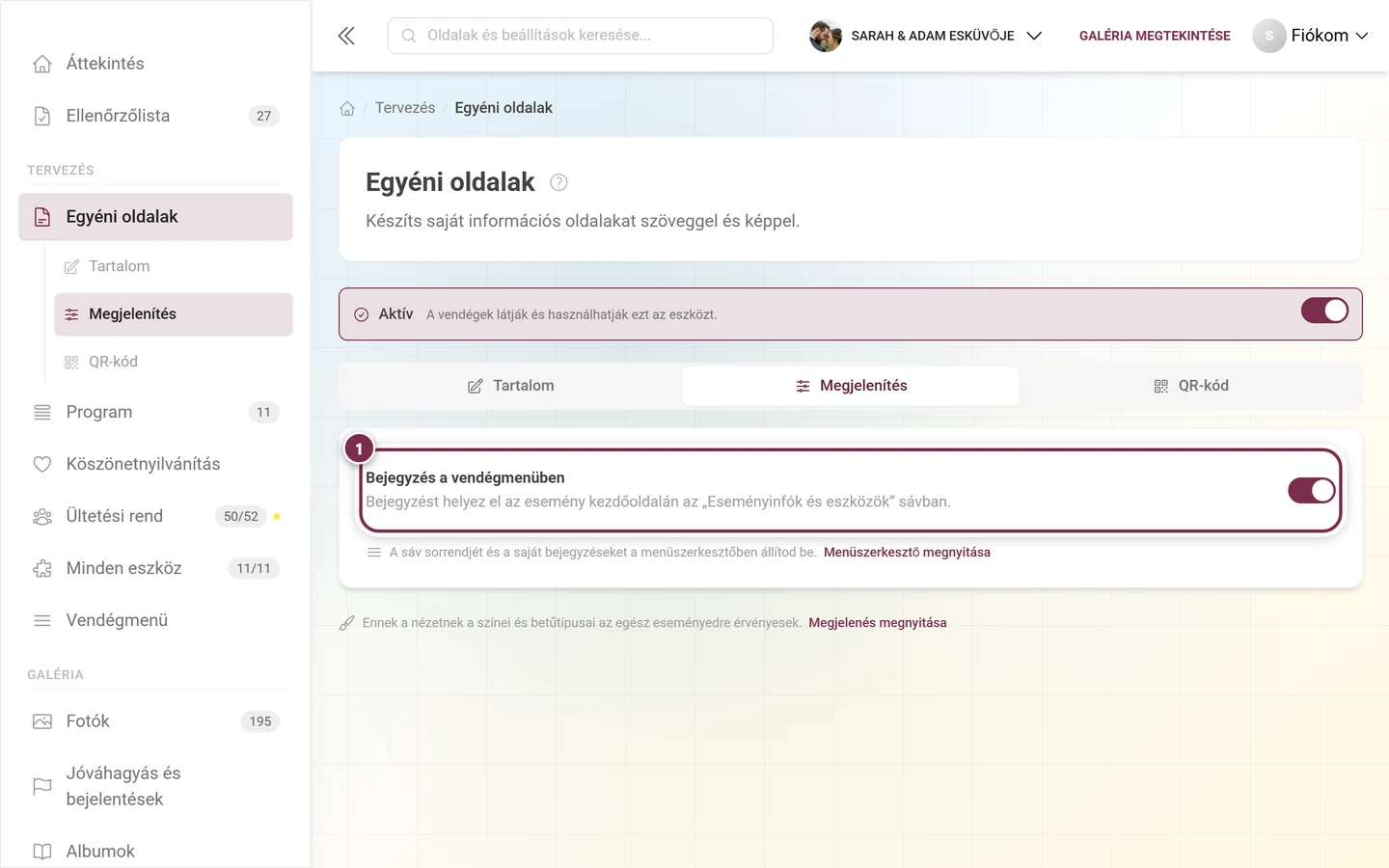 Az Egyéni oldalak Megjelenítés füle a kiemelt Bejegyzés a vendégmenüben kapcsolóval