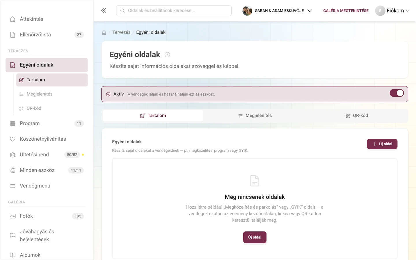 Az Egyéni oldalak üres állapota a Még nincsenek oldalak felirattal és az Új oldal gombbal