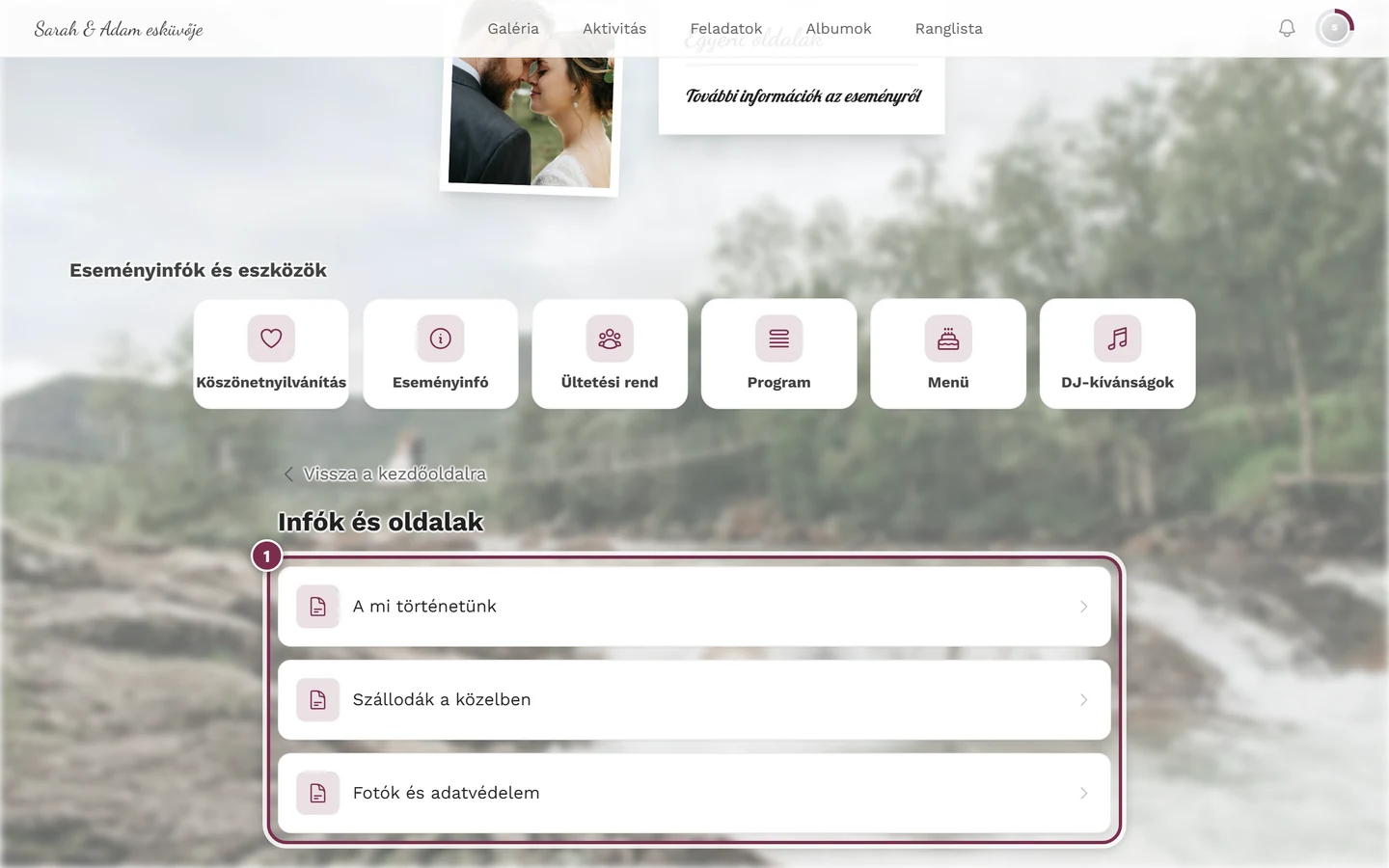 Az Infók és oldalak áttekintő oldal a vendégnézetben, három bejegyzéssel