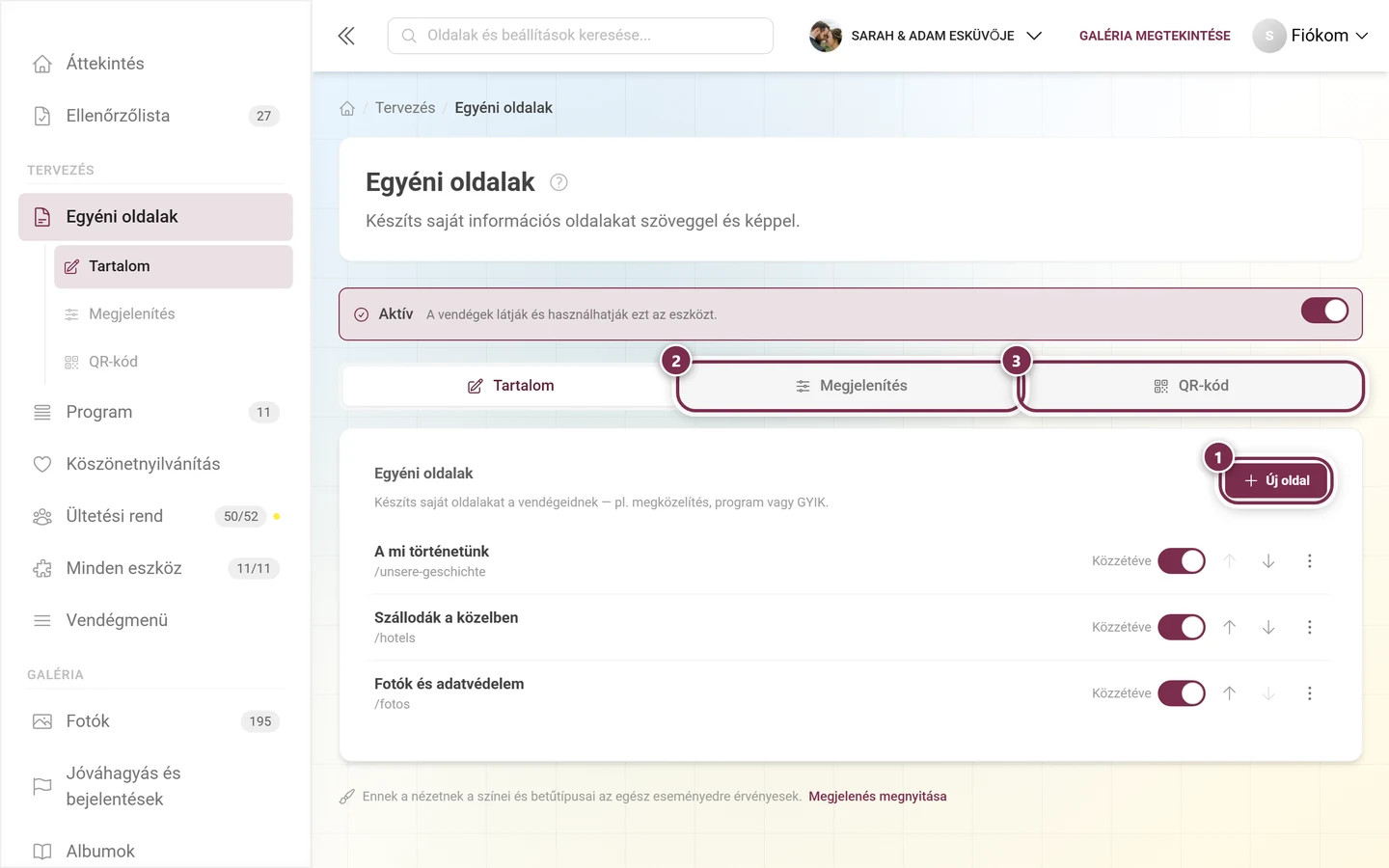 Az Egyéni oldalak fejléce a kiemelt Új oldal gombbal és a Megjelenítés, illetve QR-kód fülekkel