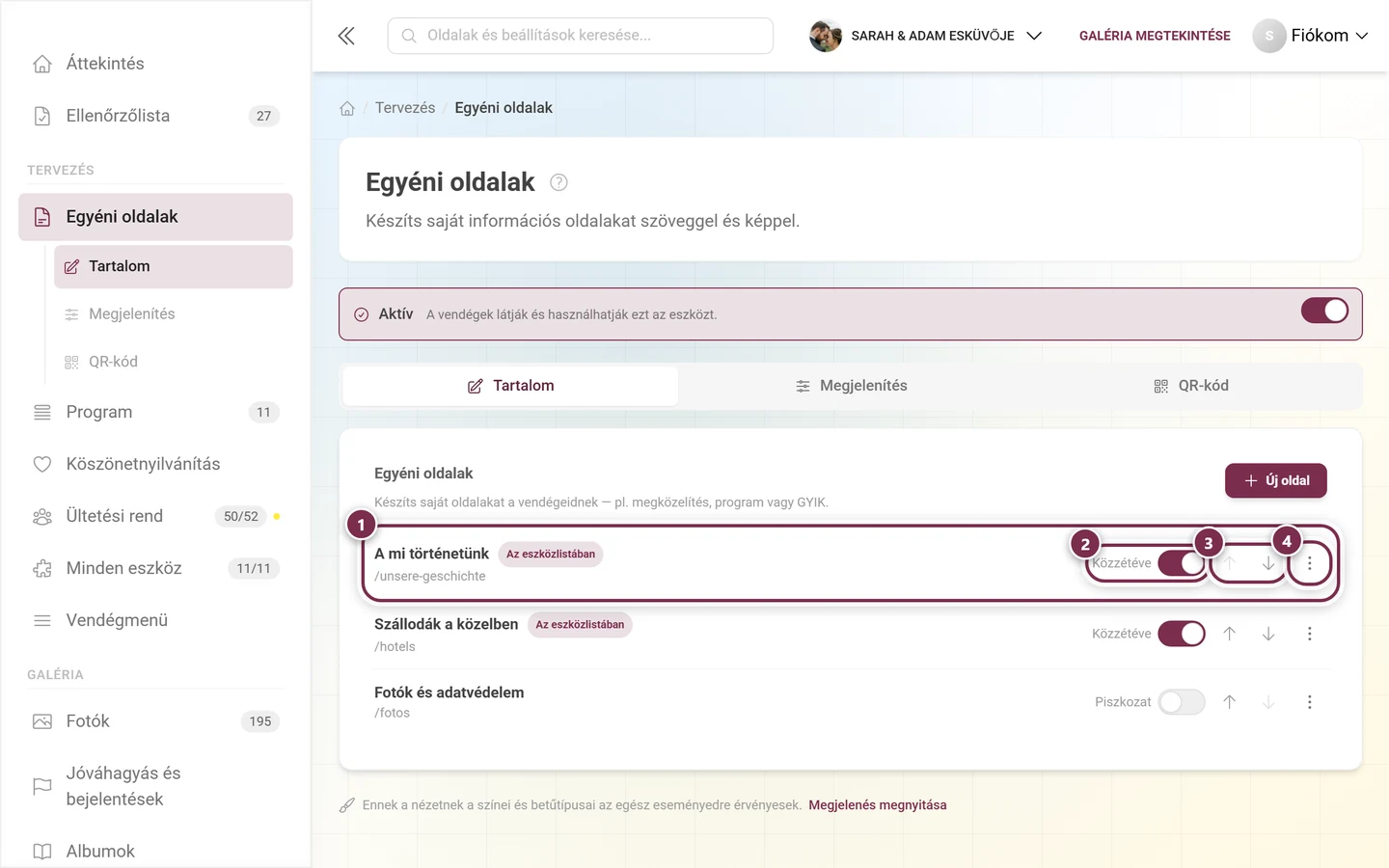 Lista három egyéni oldallal, kiemelve egy sor, a Közzétéve kapcsoló, a nyilak és a hárompontos menü