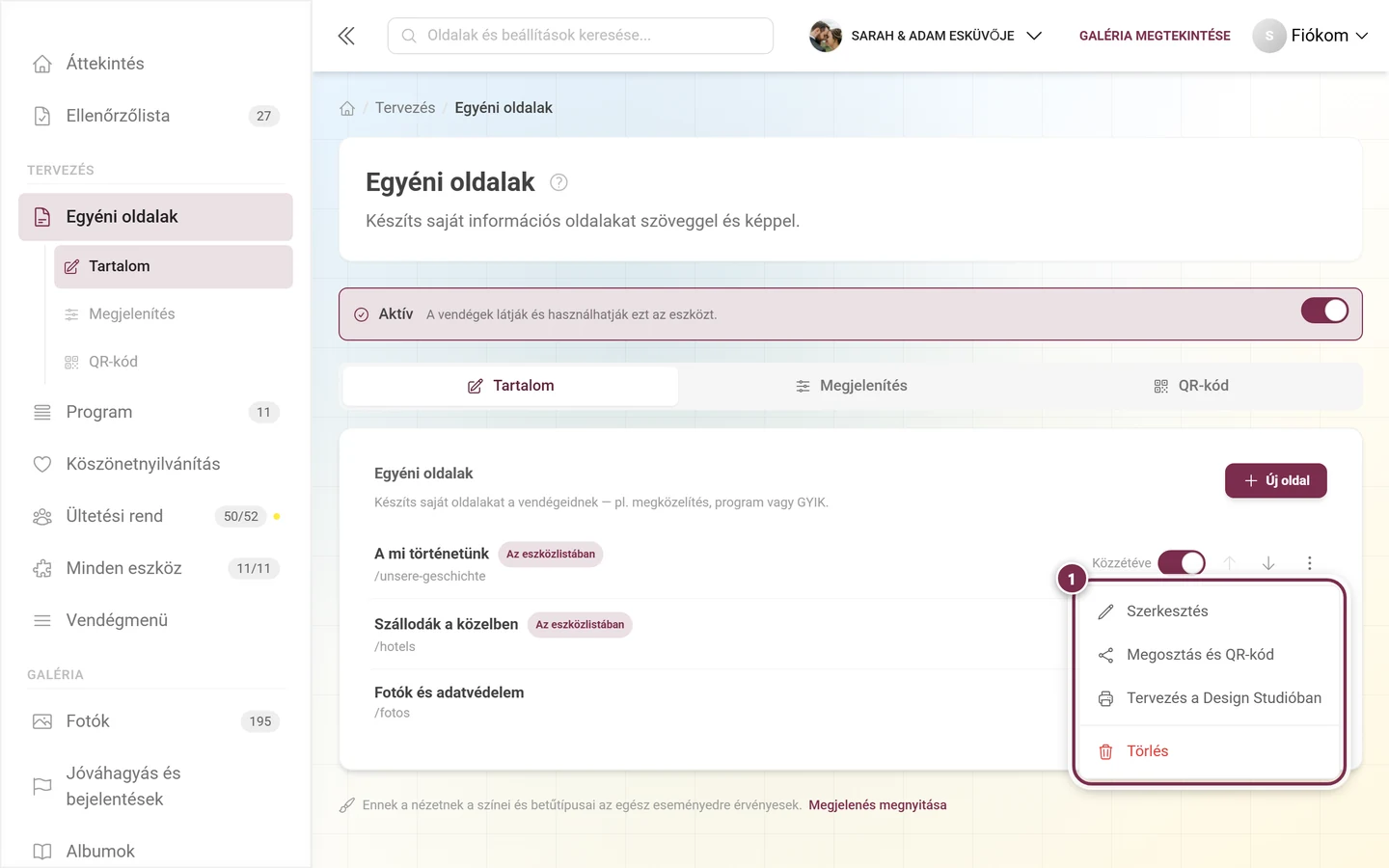 Egy oldal megnyitott hárompontos menüje négy bejegyzéssel