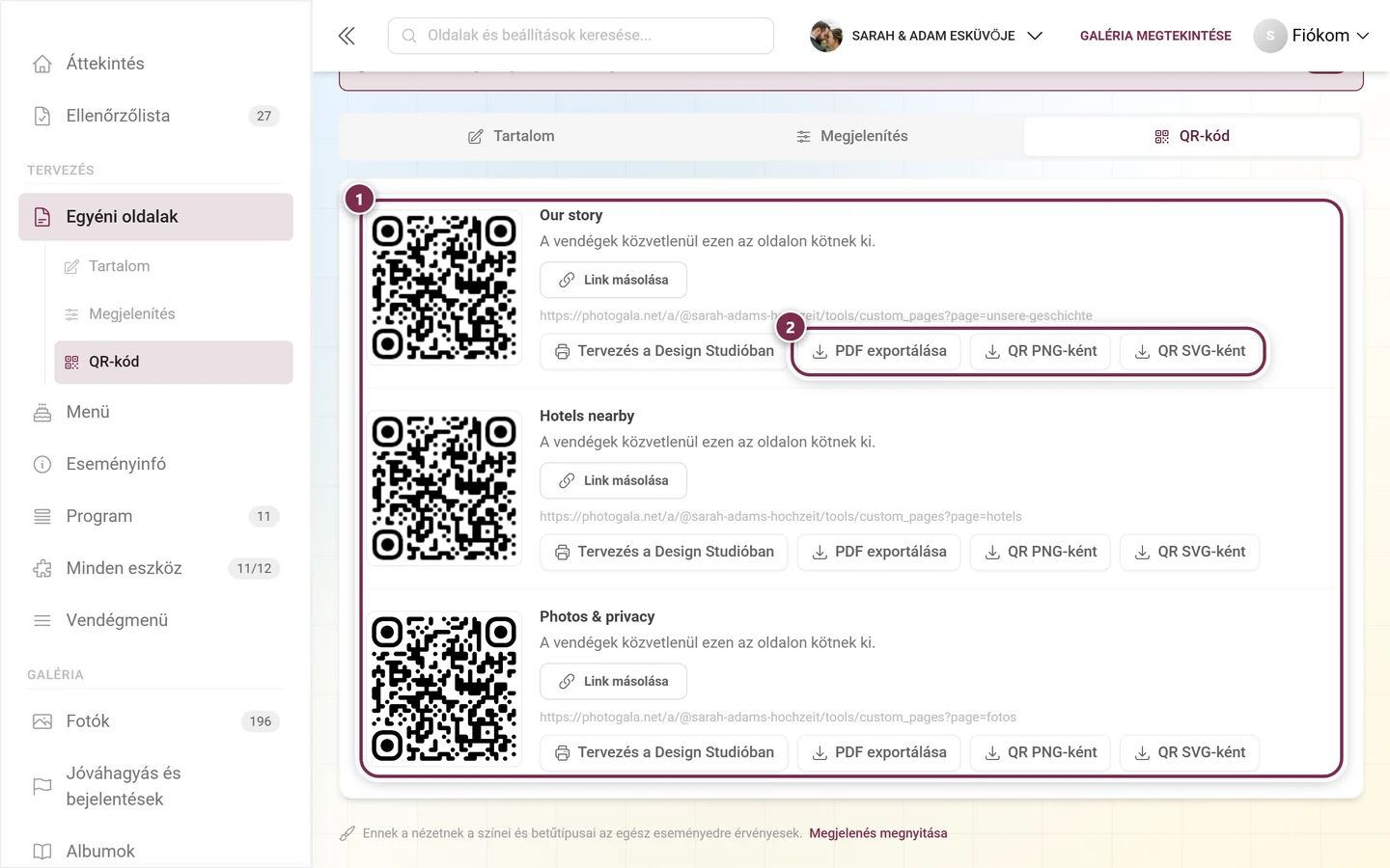 A QR-kód fül közzétett oldalanként egy-egy blokkal, kiemelve egy kártya és az exportgombok