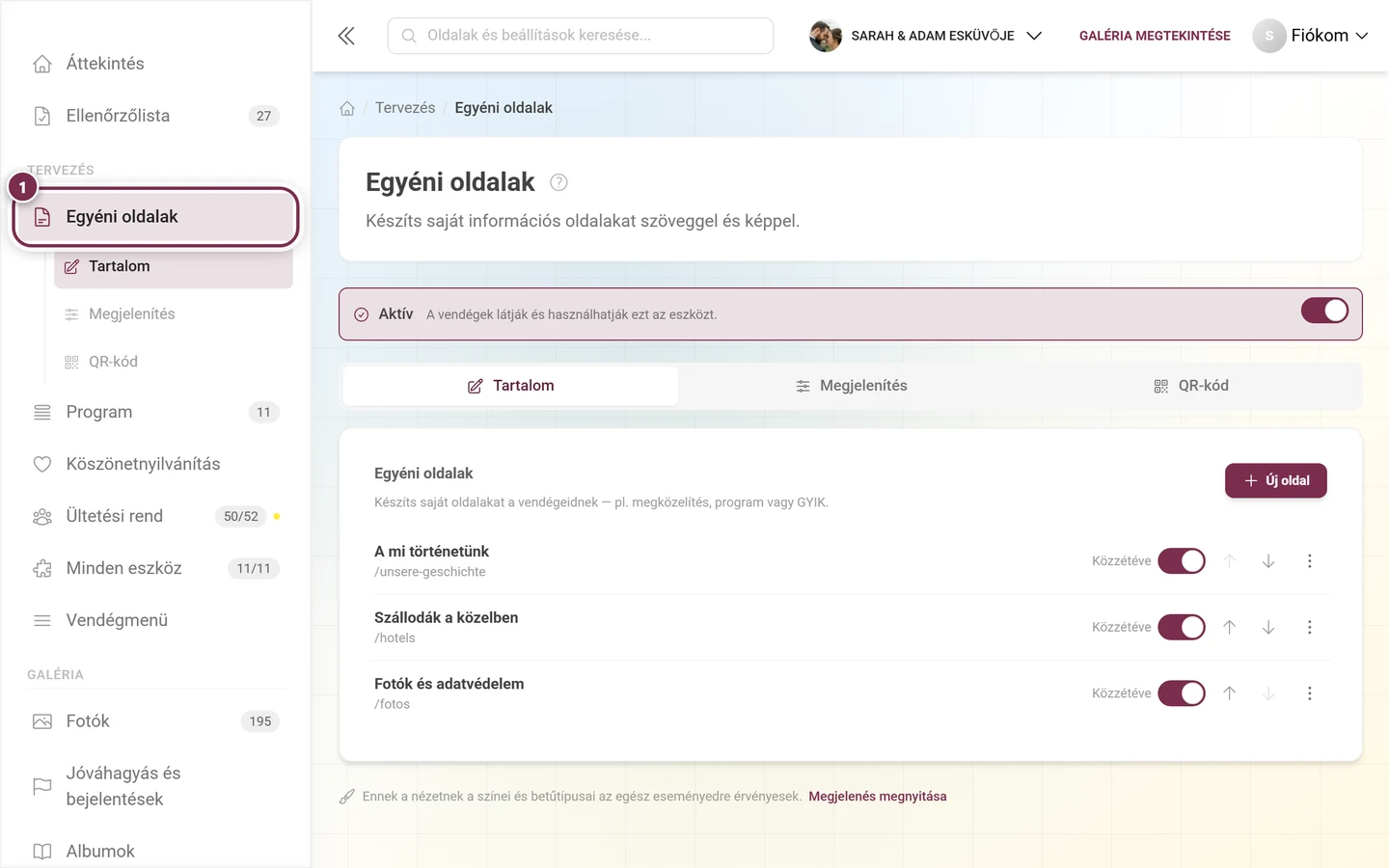 Admin oldalsáv a Tervezés alatt kiemelt Egyéni oldalak bejegyzéssel