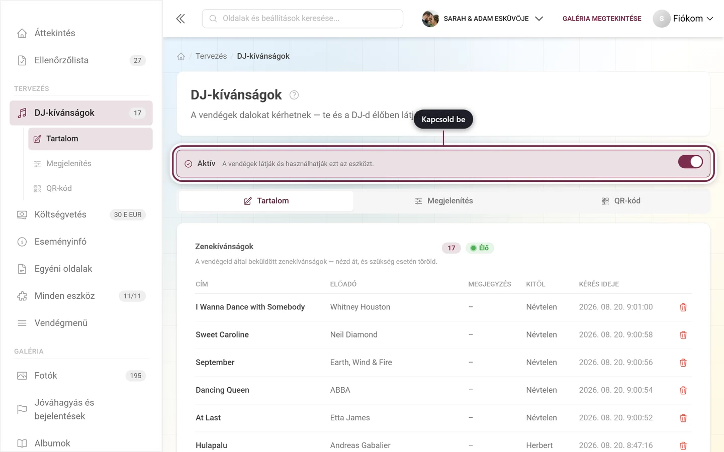 DJ-kívánságok szerkesztő a kiemelt fő kapcsolóval