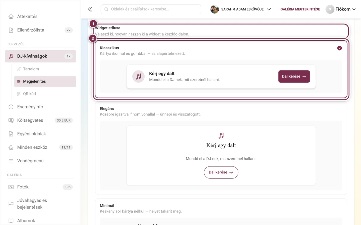 Widget stílusa blokk a kiemelt címsorral és a Klasszikus kártyával