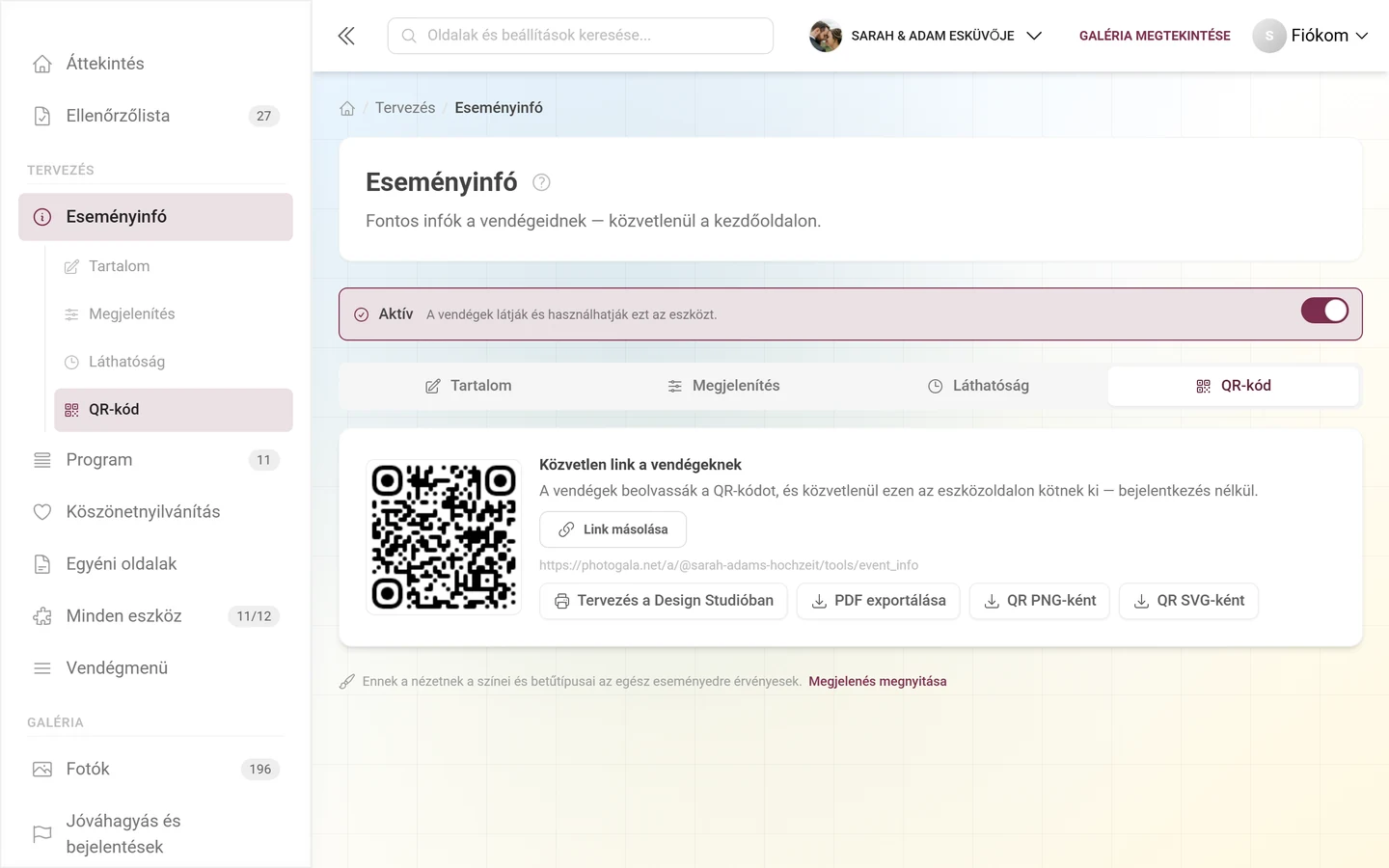 Egy közvetlen linkkel rendelkező eszköz QR-kód füle, a QR-képpel és az exportálás gombjaival