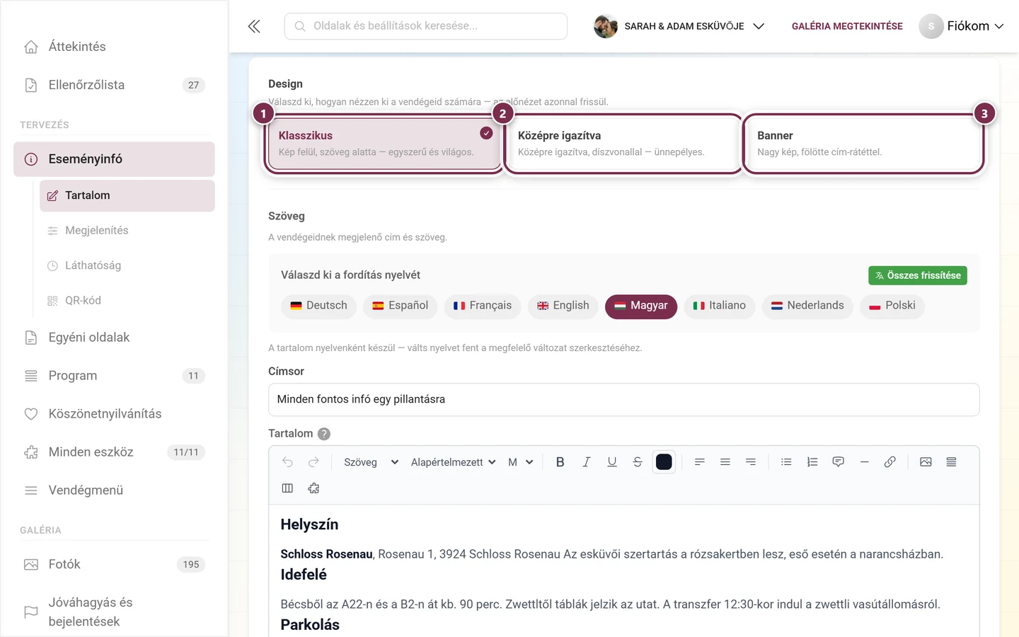 Design blokk a Tartalom fülön a három stíluskártyával: Klasszikus, Középre igazítva és Banner