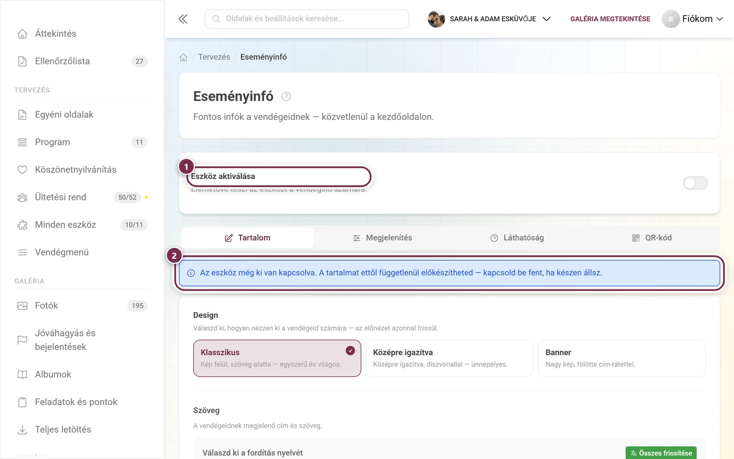 Eseményinfó oldal kikapcsolt eszközkapcsolóval és alatta egy kék tájékoztatóval