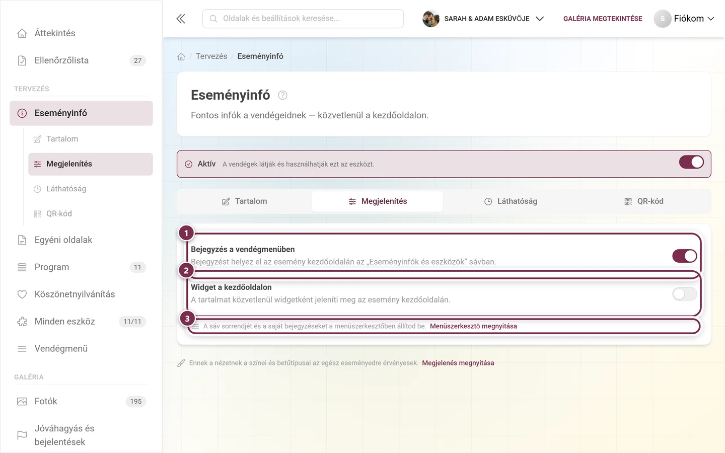 Megjelenítés fül a vendégmenü-bejegyzés és a kezdőoldali widget kapcsolóival