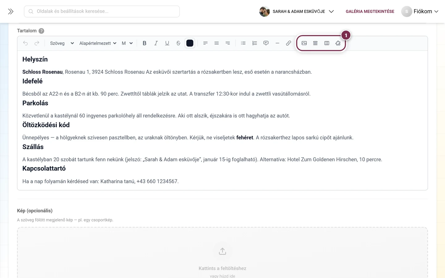 A négy beszúrás gomb az eszköztár jobb végén