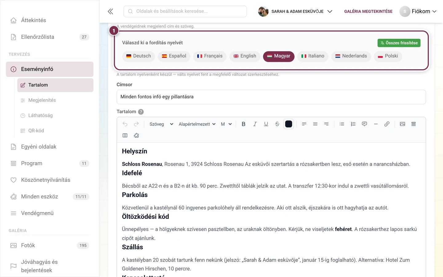 Válaszd ki a fordítás nyelvét sáv Deutsch és English nyelvekkel, valamint az Összes frissítése gombbal