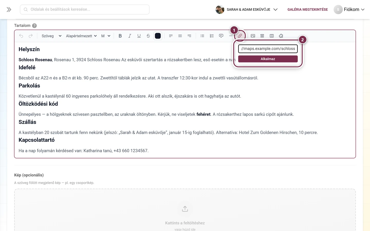 Linkgomb az eszköztáron, alatta a megnyitott beviteli mező a címhez