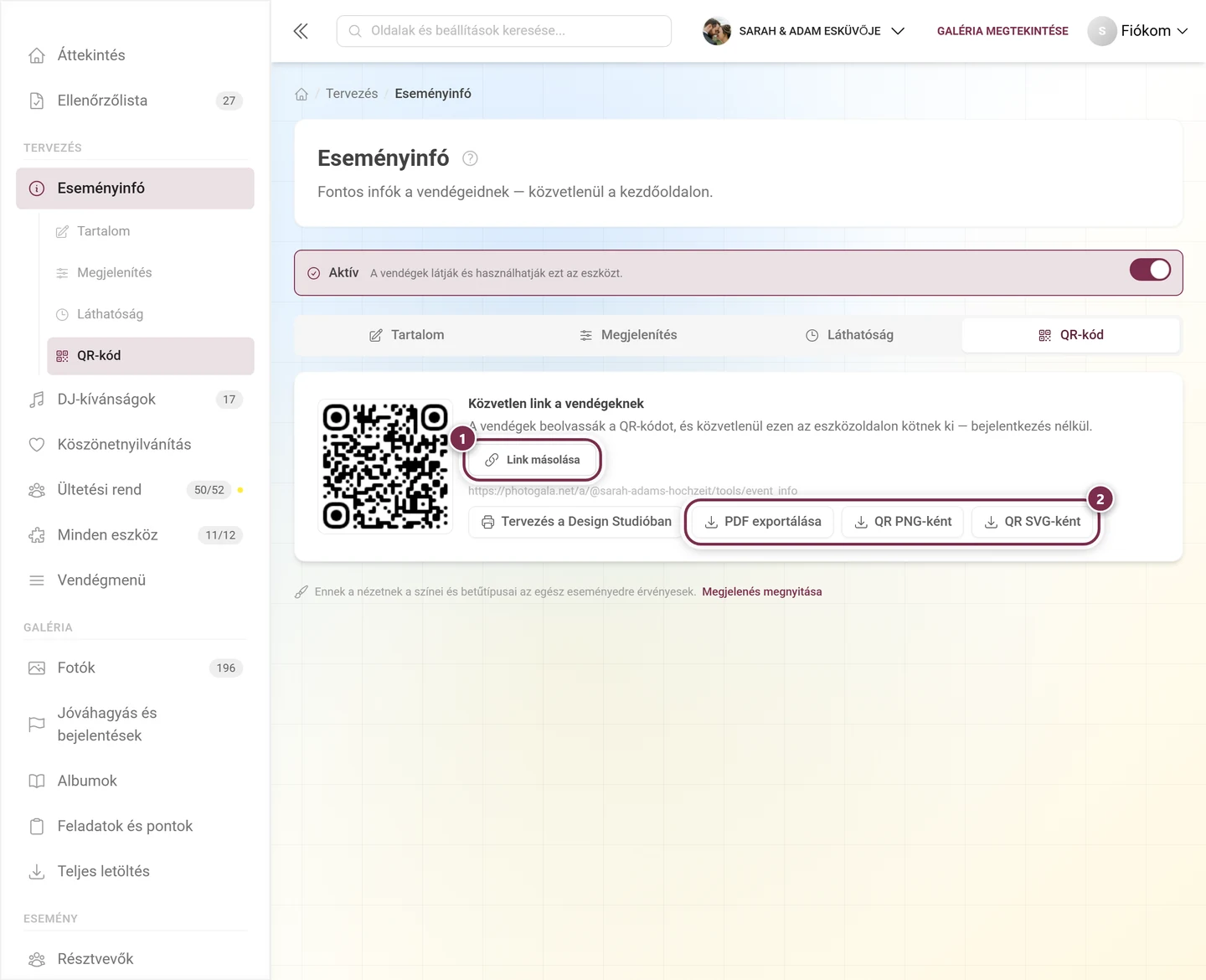 QR-kód fül a kóddal, a Link másolása gombbal és a kimeneti gombokkal