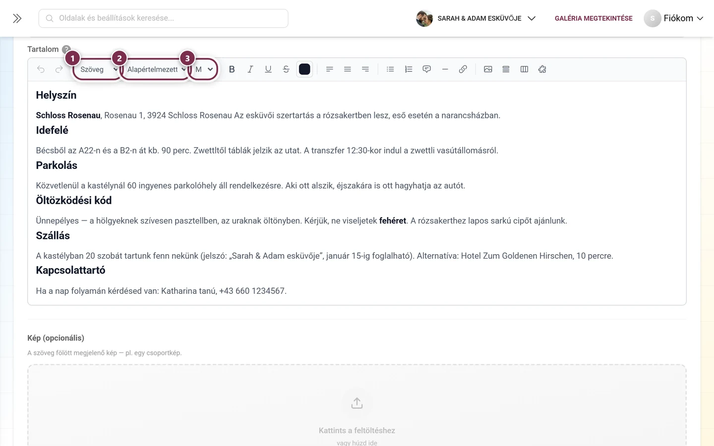 A szövegszerkesztő eszköztára a három megjelölt legördülő mezővel