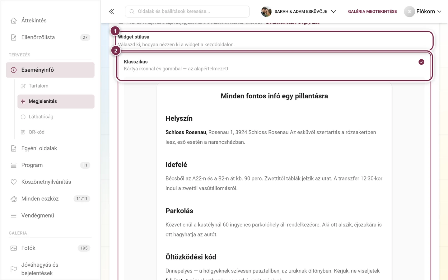 Widget stílusa választó az első, Klasszikus kártyával