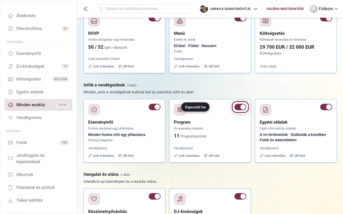 Eszközmozaik-rács a Program mozaik kapcsolójának kiemelésével