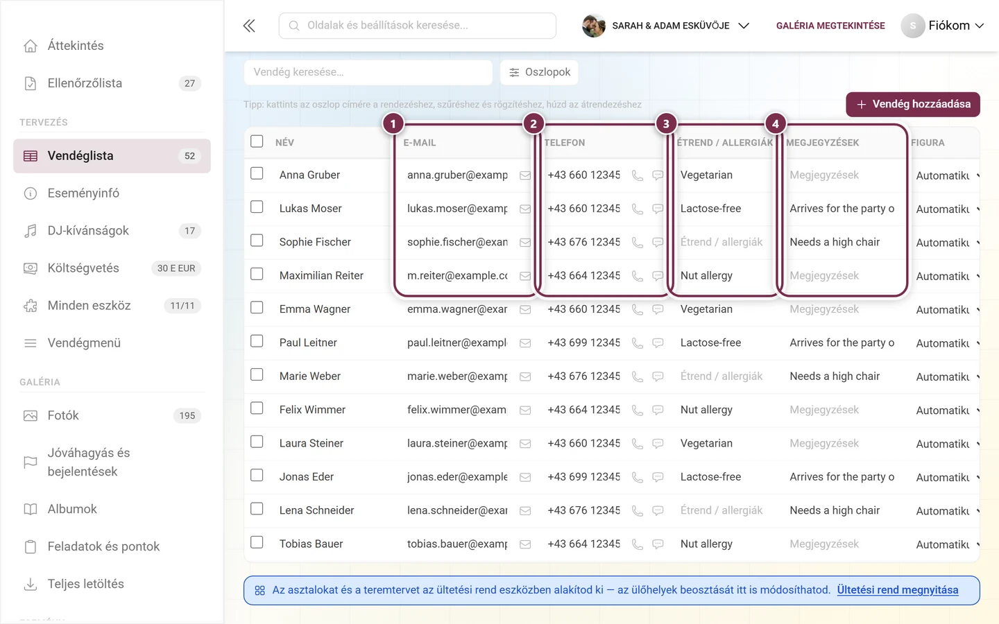 A vendéglista E-mail, Telefon, Diéta és Megjegyzések oszlopa, mind a négy kiemelve