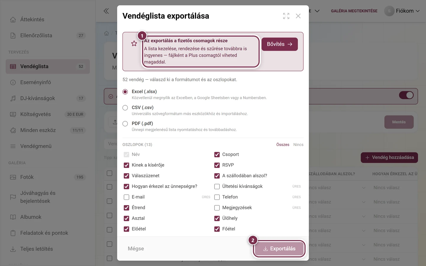 A vendéglista exportálási párbeszédablaka a kiemelt frissítési dobozzal és a kiemelt szürke Exportálás gombbal