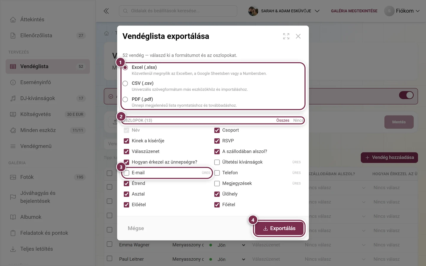 Vendéglista exportálása párbeszédablak a kiemelt formátumokkal, az oszlopválasztással, egy üres oszloppal és az Exportálás gombbal