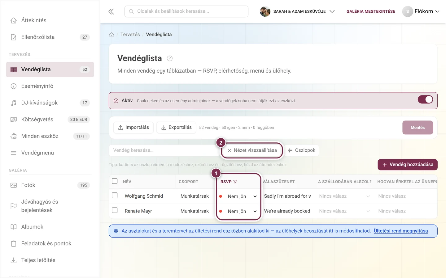 Vendéglista a kiemelt szűrt RSVP oszloppal és a kiemelt Szűrők törlése gombbal
