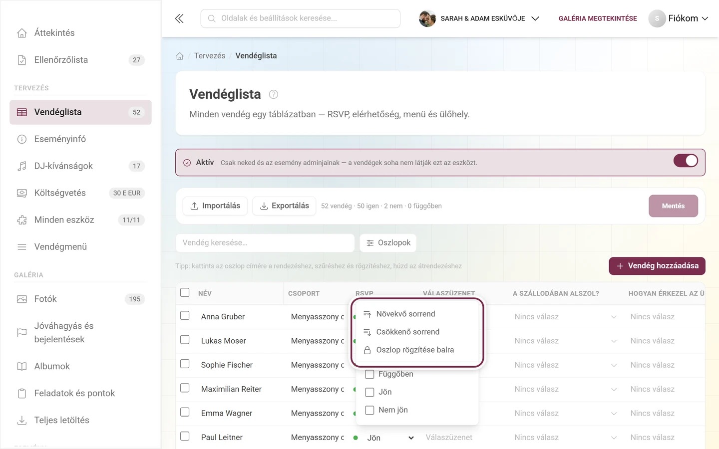 Vendéglista a kinyitott RSVP oszlopfejléc-menüvel és annak szűrőértéklistájával