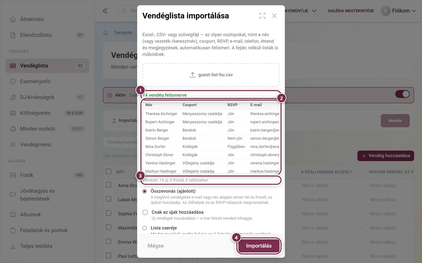 A vendéglista importálási párbeszédablaka a kiemelt fájlsorral, előnézeti táblázattal, összevonási előnézettel és Importálás gombbal