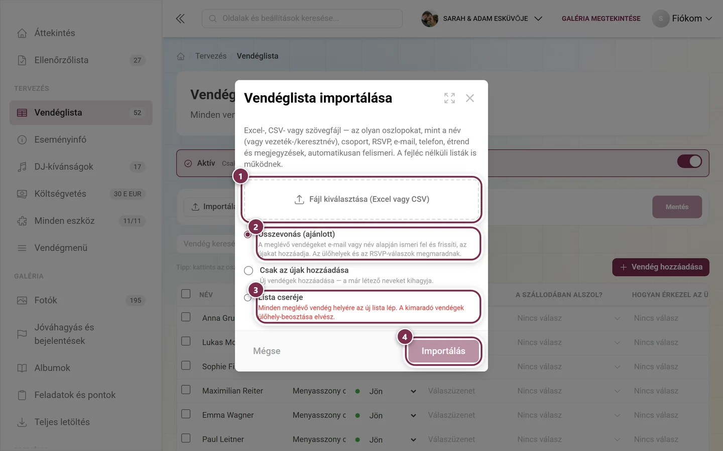 Vendéglista importálása párbeszédablak a kiemelt fájlválasztóval, az Összevonás és a Lista cseréje módokkal és az Importálás gombbal